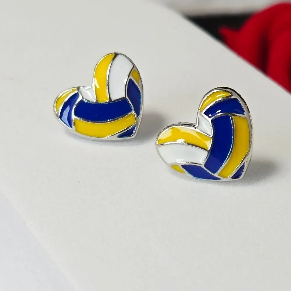 Mikasa Volleyball Heart Stud Earrings Enamel Silver Sports Mom Love Jewelry